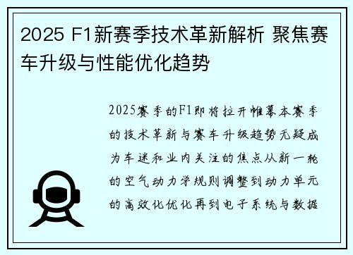 2025 F1新赛季技术革新解析 聚焦赛车升级与性能优化趋势