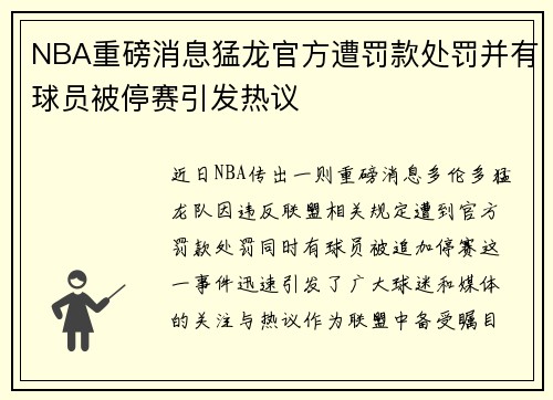 NBA重磅消息猛龙官方遭罚款处罚并有球员被停赛引发热议